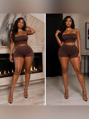 Seamless Crop & Shorts Set - Top in Brown Sz M Plaid
